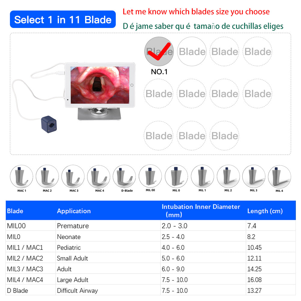 CR-10 Tablet Video Laryngos Cope with 6 Reusable Laryngoscope Blade to choice, Compatible with All CRHTL Blades, Can be Sold in Any Combination or Separately