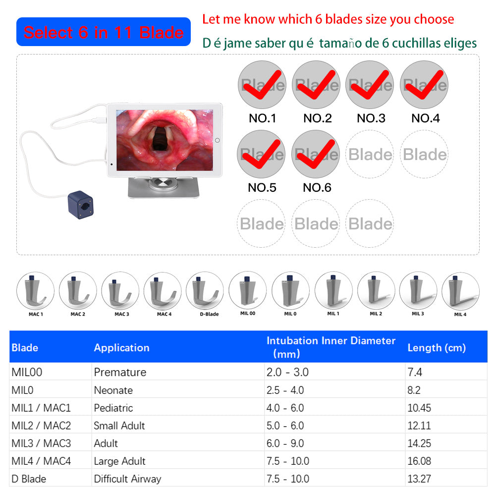 CR-10 Tablet Video Laryngos Cope with 6 Reusable Laryngoscope Blade to choice, Compatible with All CRHTL Blades, Can be Sold in Any Combination or Separately