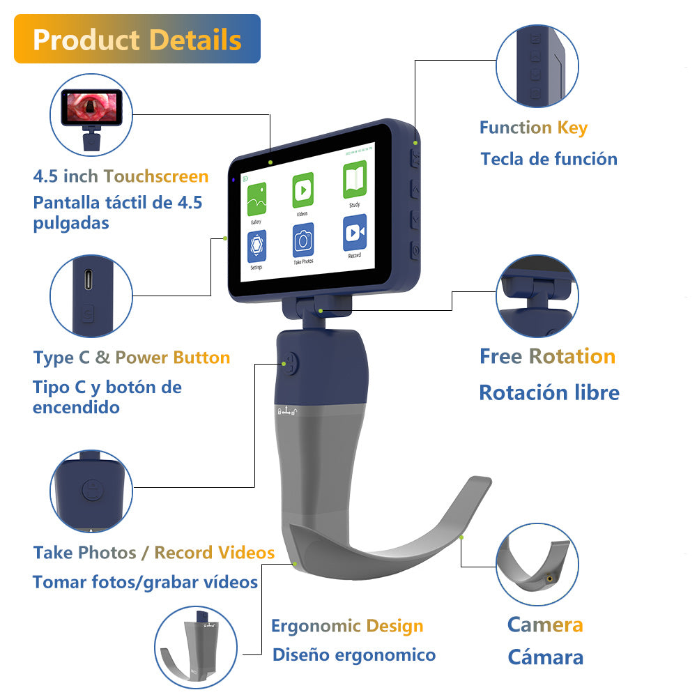 CR-45 Reusable Video Laryngoscope for Anesthesia Intubation, 4.5 inch TouchScreen Compatible with 11 Size Reusable Laryngoscope Blades, Can be Sold in Any Combination or Separately